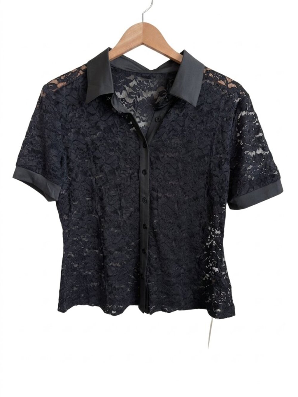 Lace Sheer Floral Button Up Blouse XL Collared Black Goth Romantic Party Top NWT